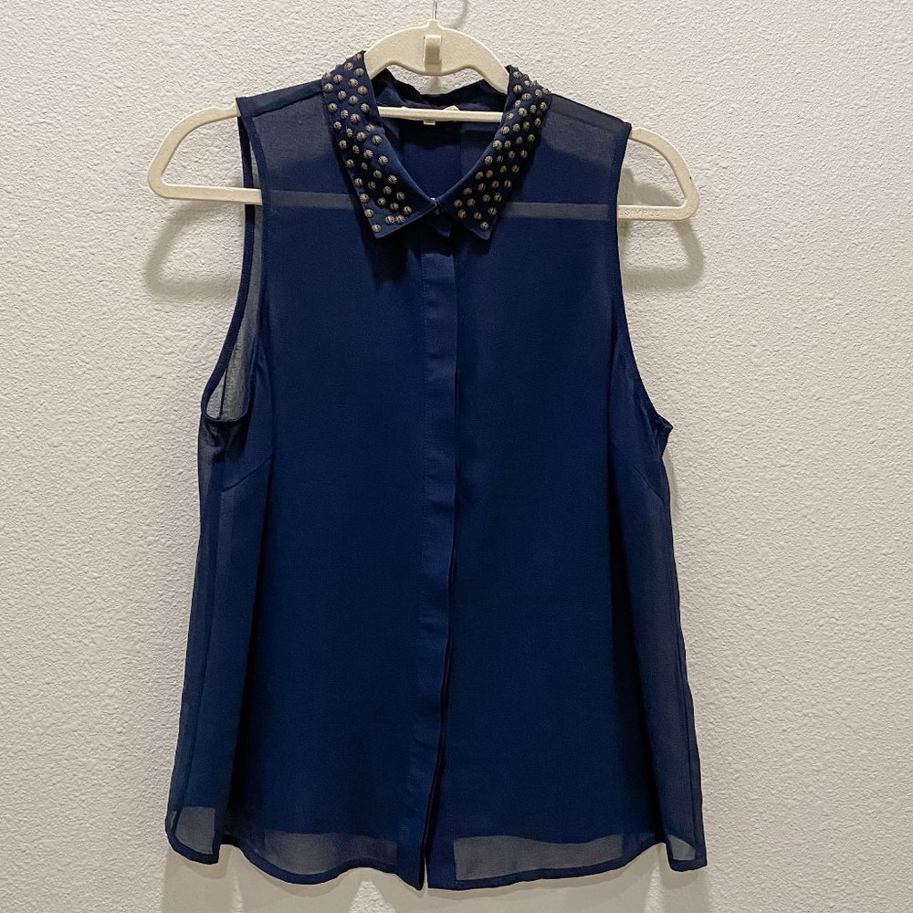 NORDSTROM Sheer Navy Tank with Embellished Collar